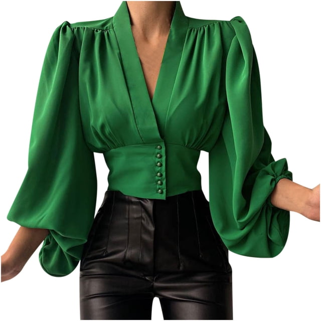 Mujeres Primavera Casual Sólido Cuello en V Linterna Botones de manga larga Suéter Blusa Camisa Draw Back Tops cortos Fridja hkj3544