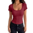 thumbnail image 2 of IYYVV Women's Short Sleeve Tops Summer Lace Trim Square Neck Slim Fitted Going Out Basic Tee Shirts Y2K Clothes 2026 Wine S, 2 of 5