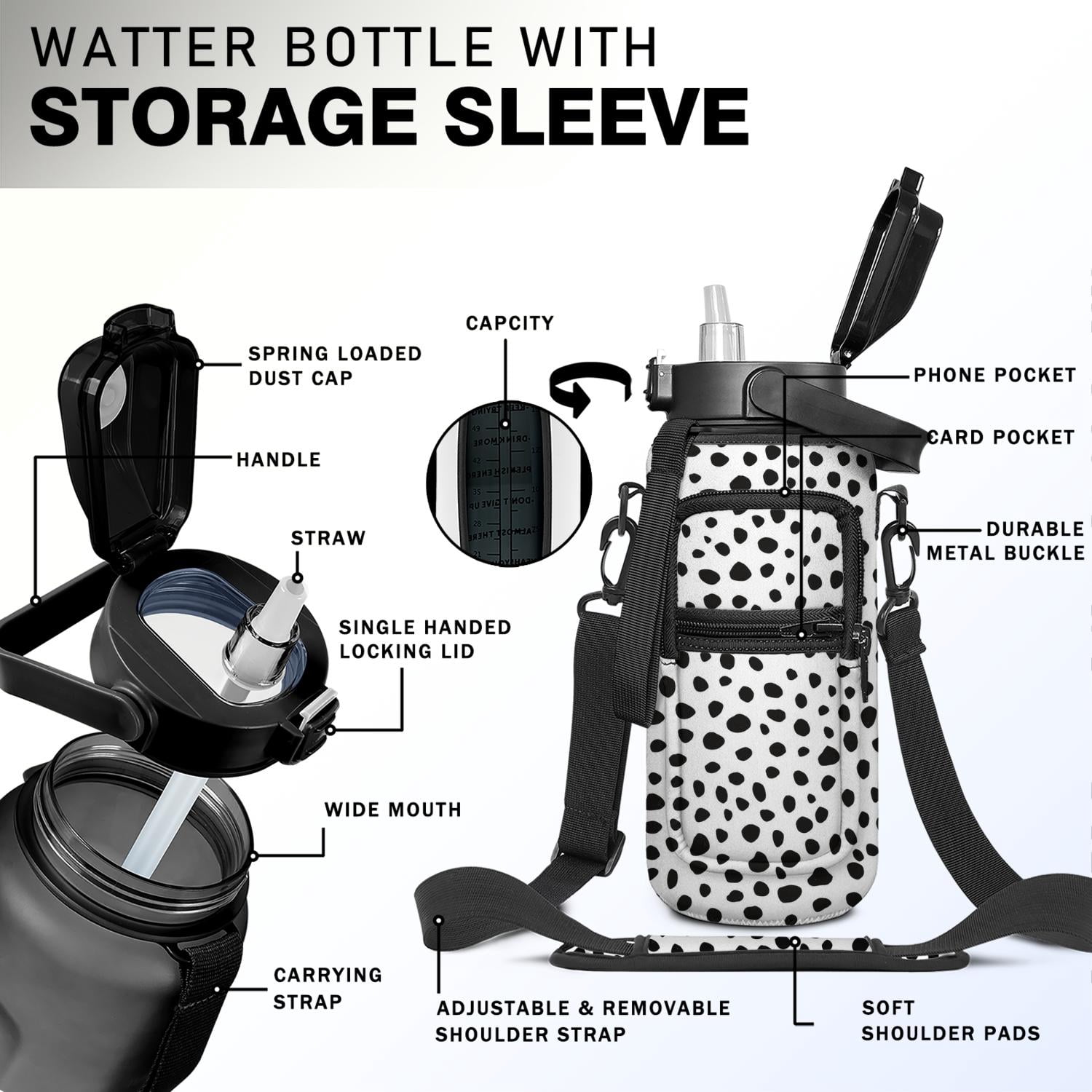 Black White Milk Stripe 64 Oz Half Gallon Water Bottle with Sleeve - BPA Free Leakproof Sport Large Plastic Water Bottle with Straw & Time Marker &Insulated Neoprene Holder Carrier Bag Gift