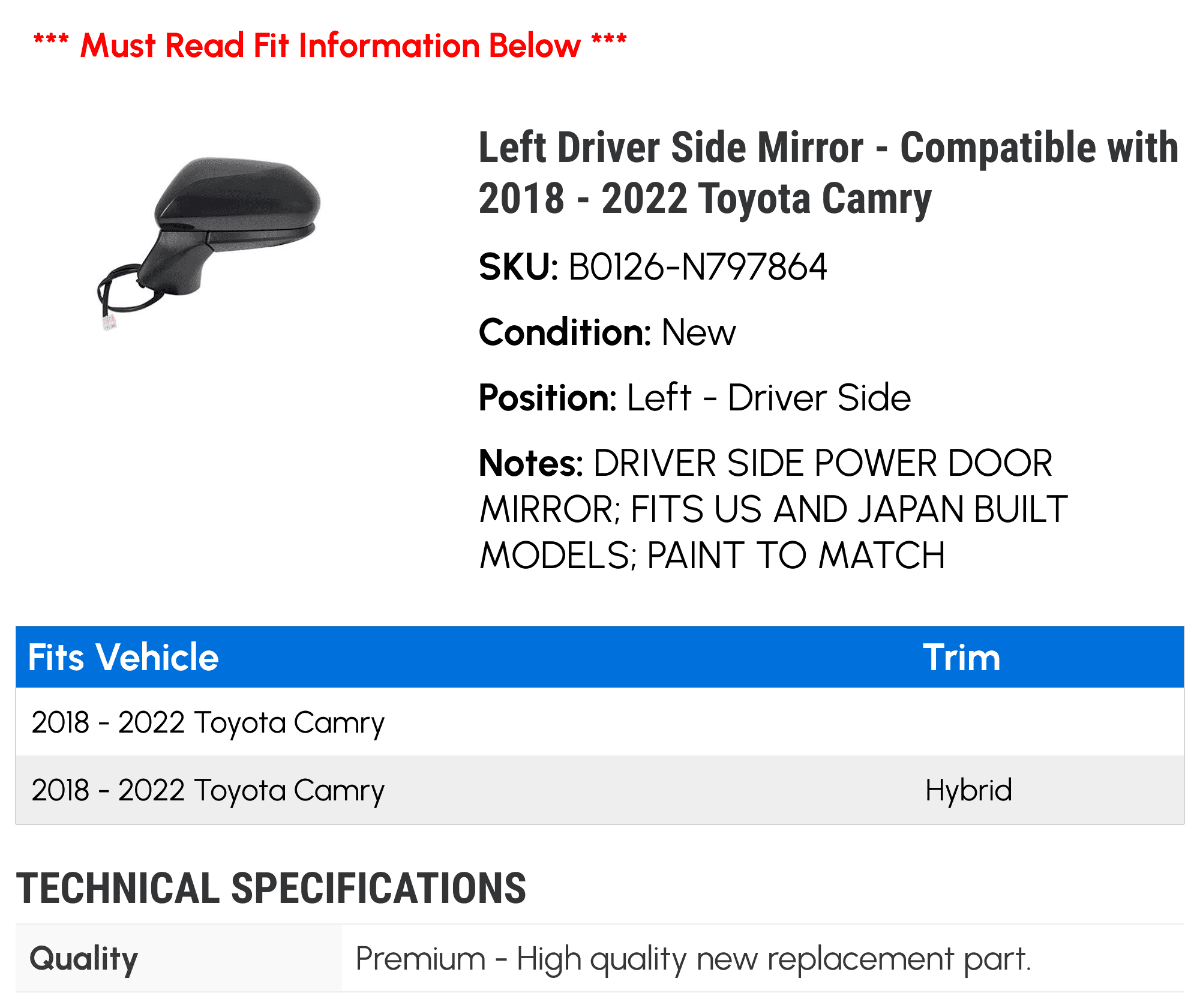 Left Driver Side Mirror - Compatible with 2018 - 2022 Toyota Camry 2019 2020 2021