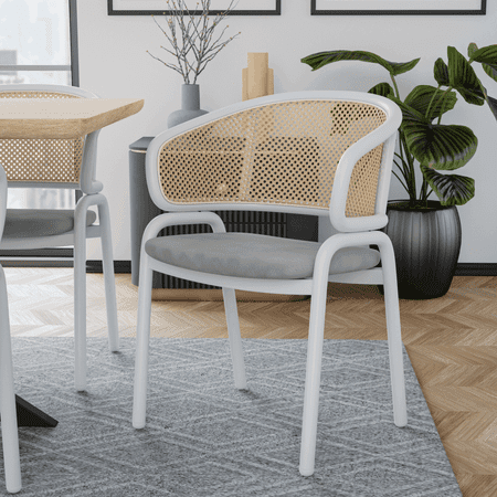 Leisuremod Ervilla Mid-Century Modern Dining Armchair with White Powder Coated Steel Legs and Wicker Back for Kitchen and Dining Room Grey