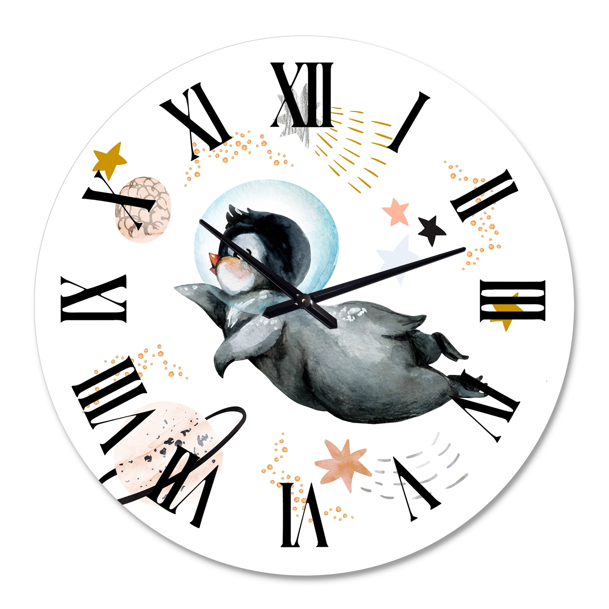 Designart 'Little Penguin Flying Stars And Planets Ii' Farmhouse Wall Clock