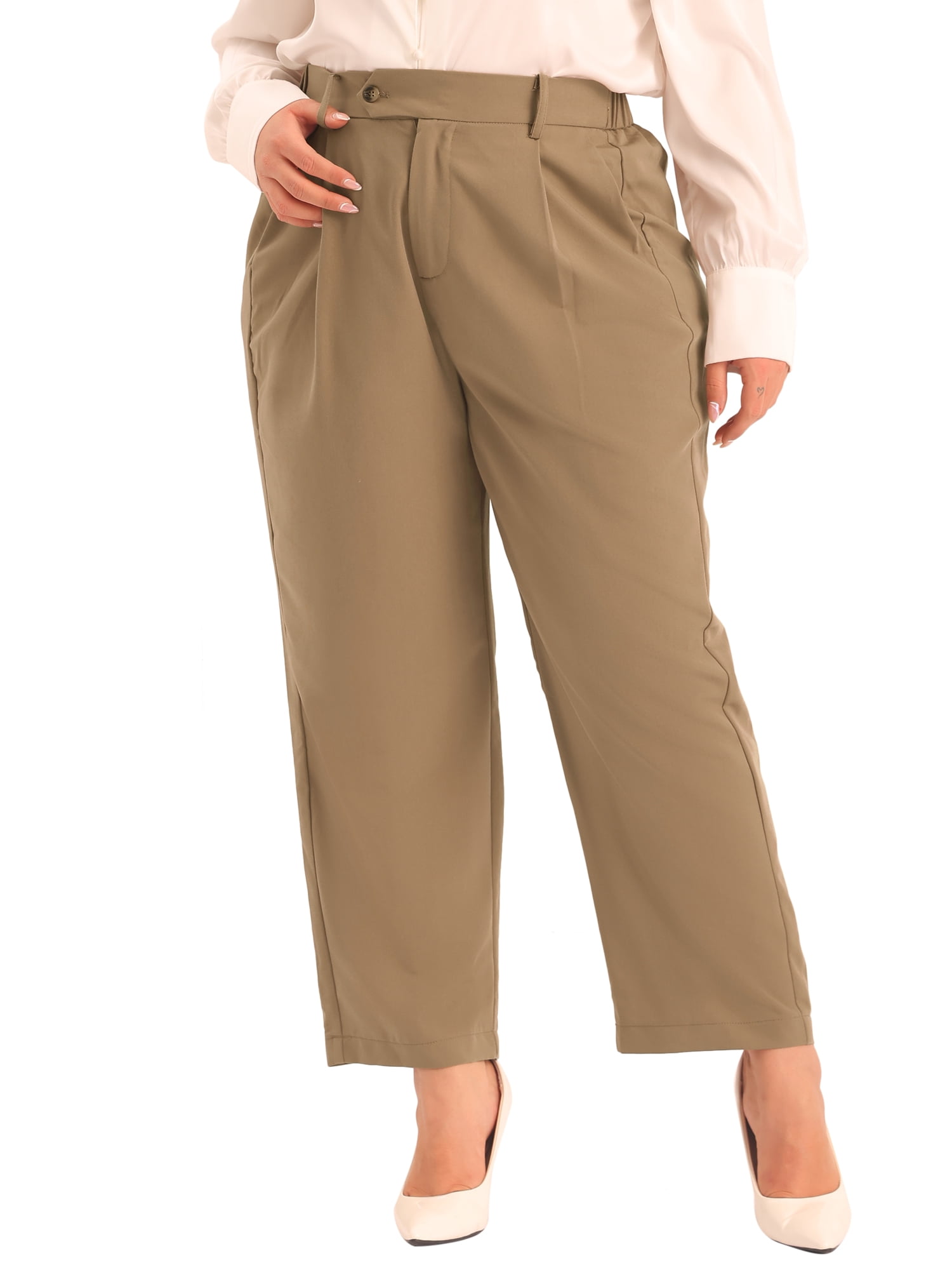 DARING DIVA Women's Plus Casual Elastic High Waisted Long Straight Pants 4X Khaki