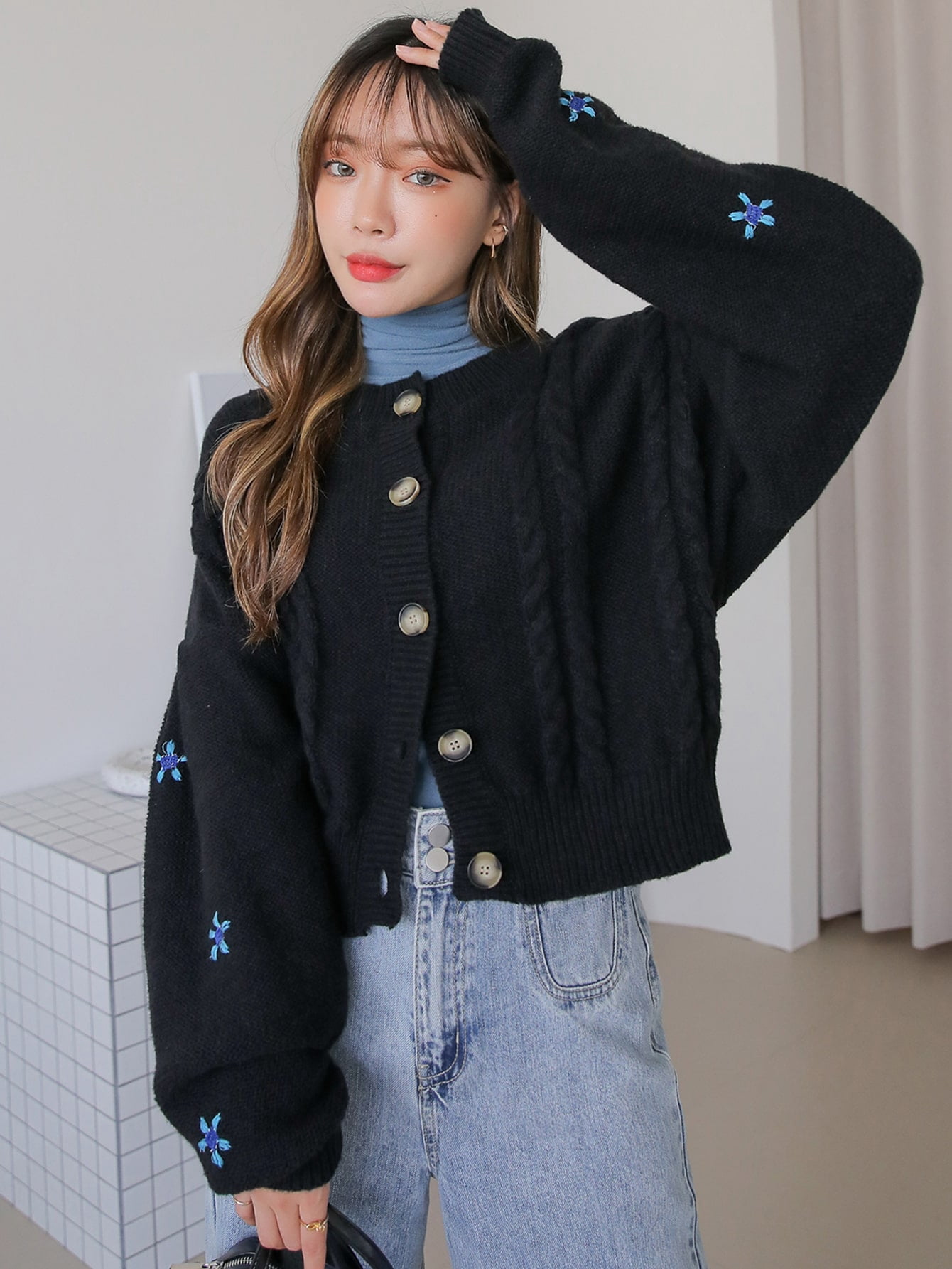 Black Floral Embroidery Drop Shoulder 