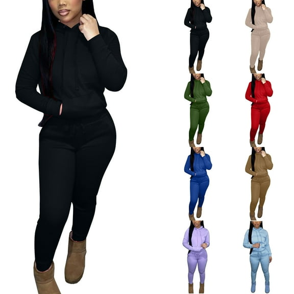 Brondbend Sweatpants Women Set Hoodie Woman Long Sleeved Pocket Drawstring Pullover Solid Elastic Waist Jogger Outfits Warm Loose Tracksuits Athletic Fall Winter Sets Army Green