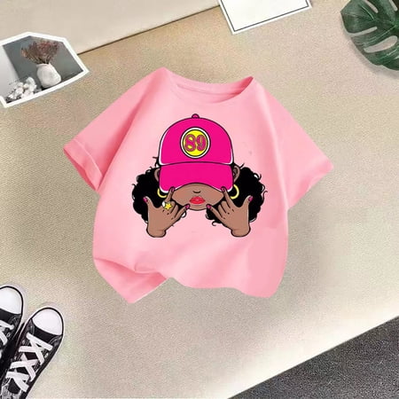Tfken Tops For Girls Toddler Crew Neck Short Sleeve Cartoon Print T-Shirts Daily Wear Comfortable Tee Pink Size 5-6 Years