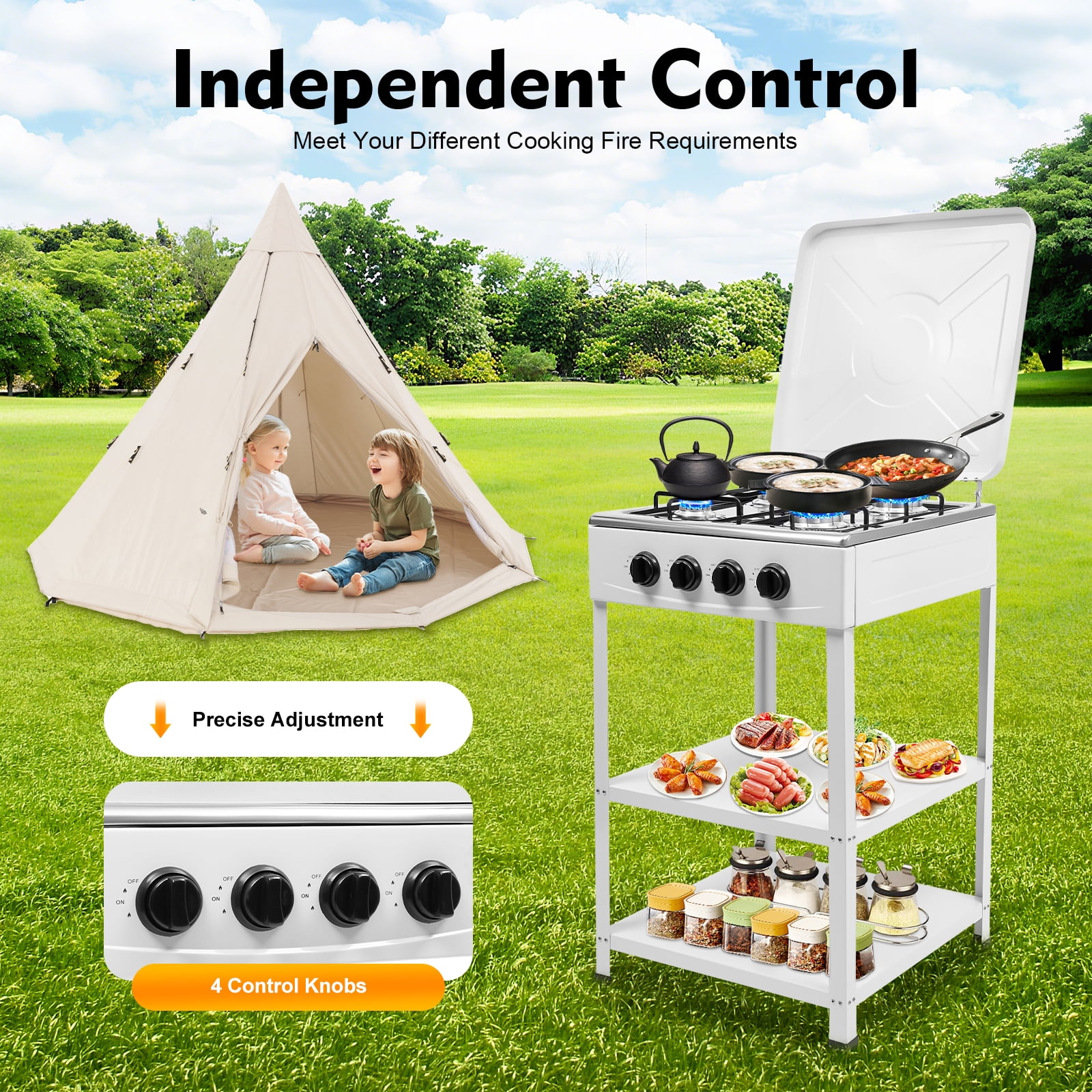 ChicHomey 4 Burner Gas Stove,Portable LNG Camping Stove Propane Stove with Support Leg Bracket & Wind Blocking Cover Adapter, for Camping Picnic Hiking White