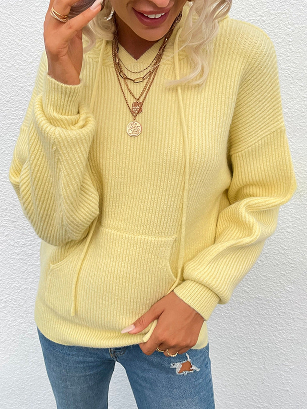 Rib-Knit Hooded Drawstring Sweater 