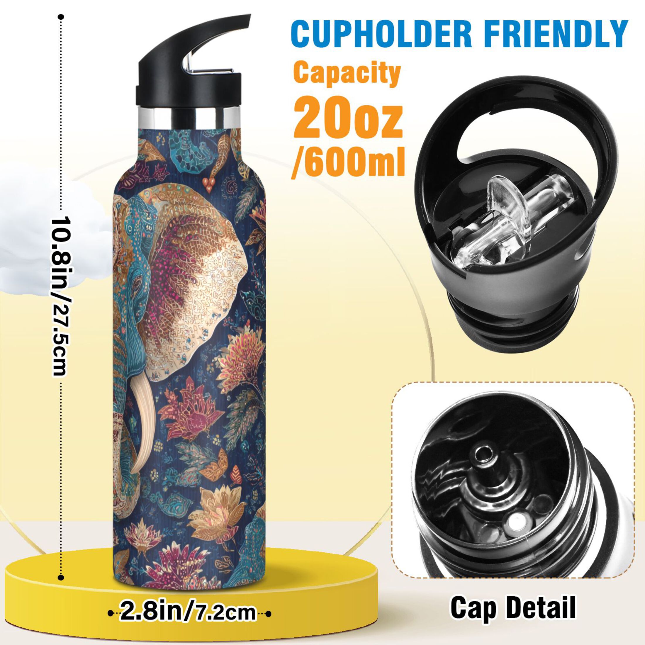 600ML Stainless Steel Insulated Cup Sports Water Bottle Portable Thermos Cup Water Glasses Insulated Tumblers Convenient and Durable Cartoon Watercolor Elephant