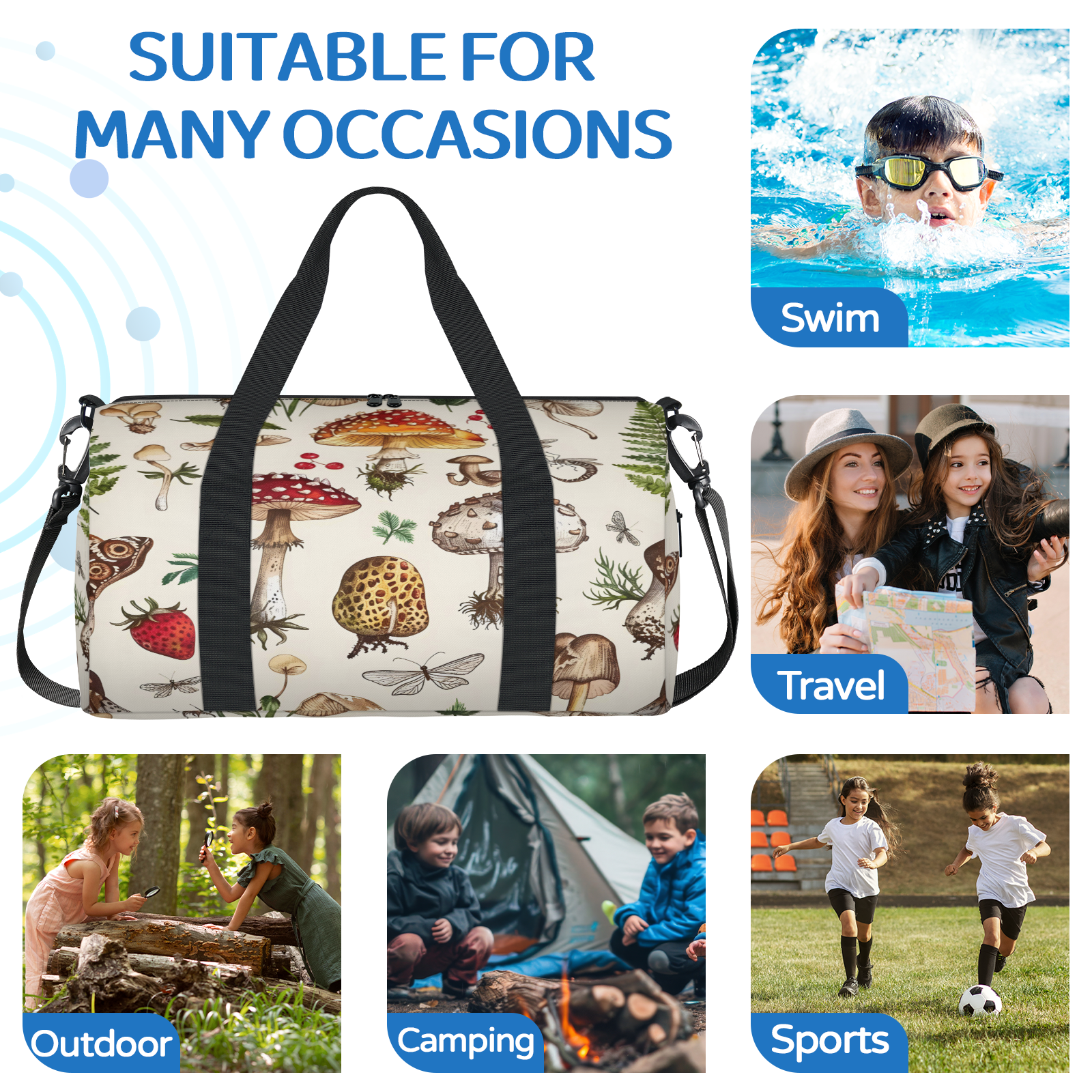 Herdesigns Mushroom Forest Gym Bag for Women, Duffle Bag for Travel Sport, Lightweight Waterproof Carry on Weekender Overnight Dance Yoga Workout Bags