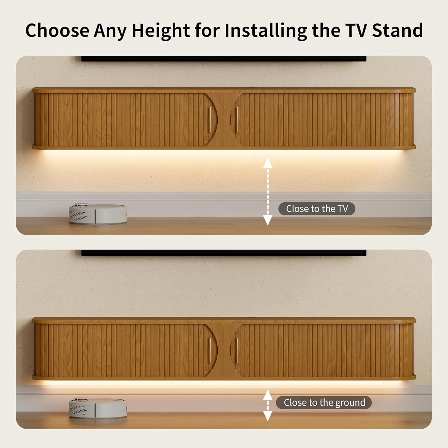 63" Floating TV Stand with Power Outlet for TVs up to 70", Mid Century Modern TV Console with RGB LED Lights, Fluted Entertainment Center With Sliding Door for Living Room, Yellow Walnut
