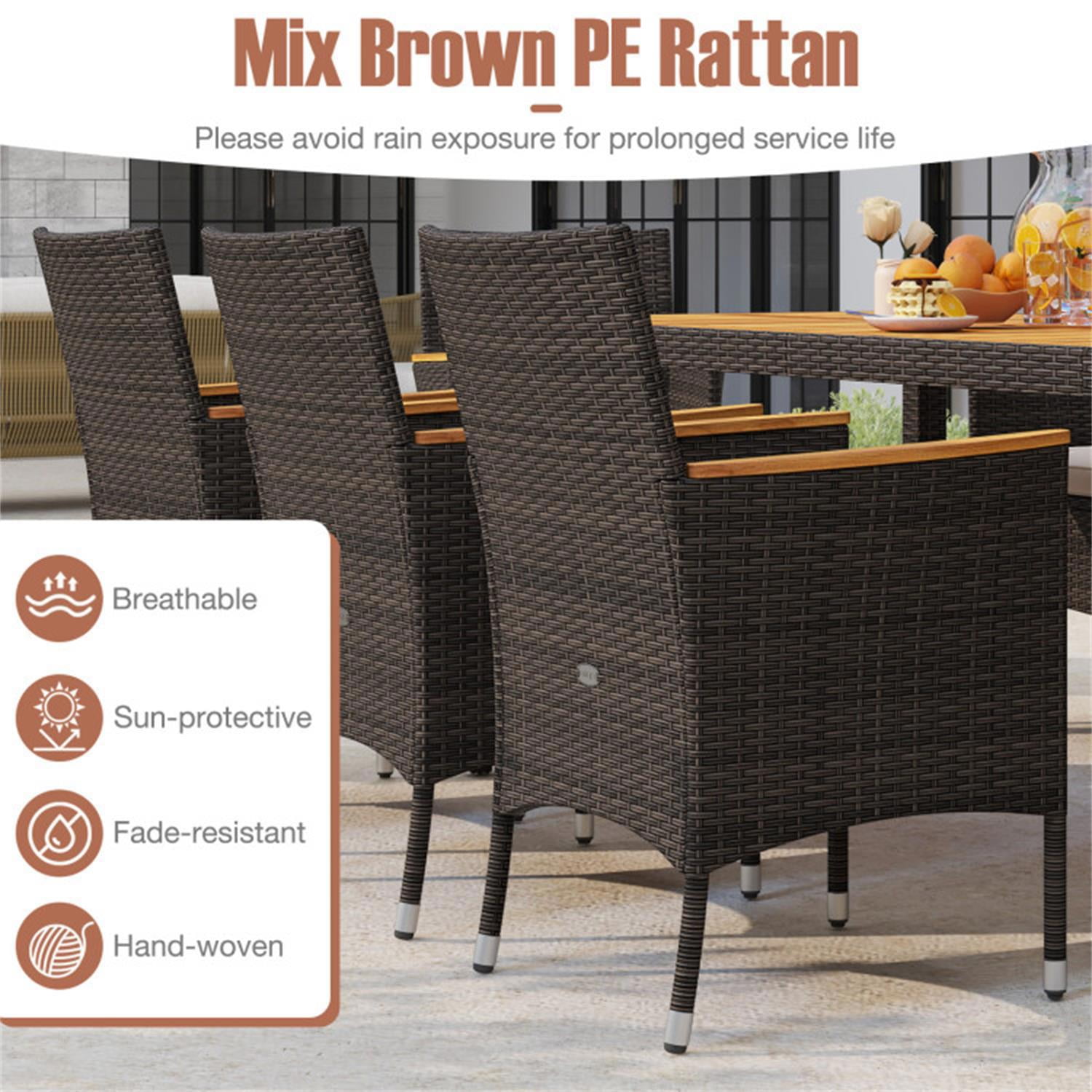 Demi Bonn 9 Piece Outdoor Dining Set with Acacia Wood Table Top, Patio Conversation Furniture Set for Balcony Patio Garden Poolside, Beige