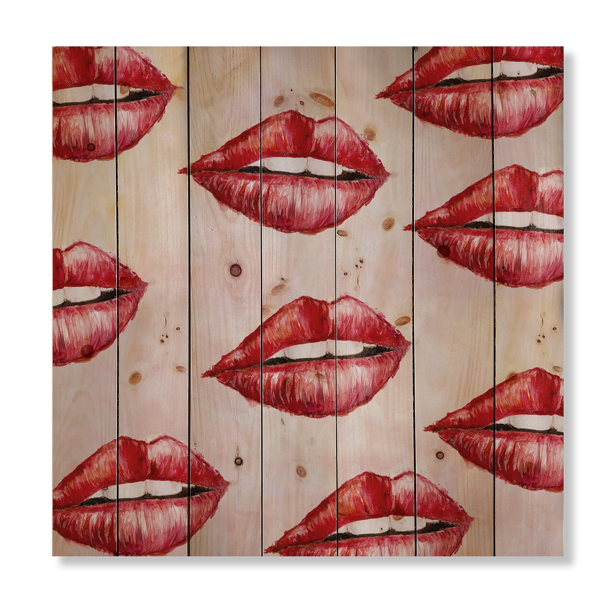 Designart 'Red Girl Lips Pattern' Modern Print on Natural Pine Wood