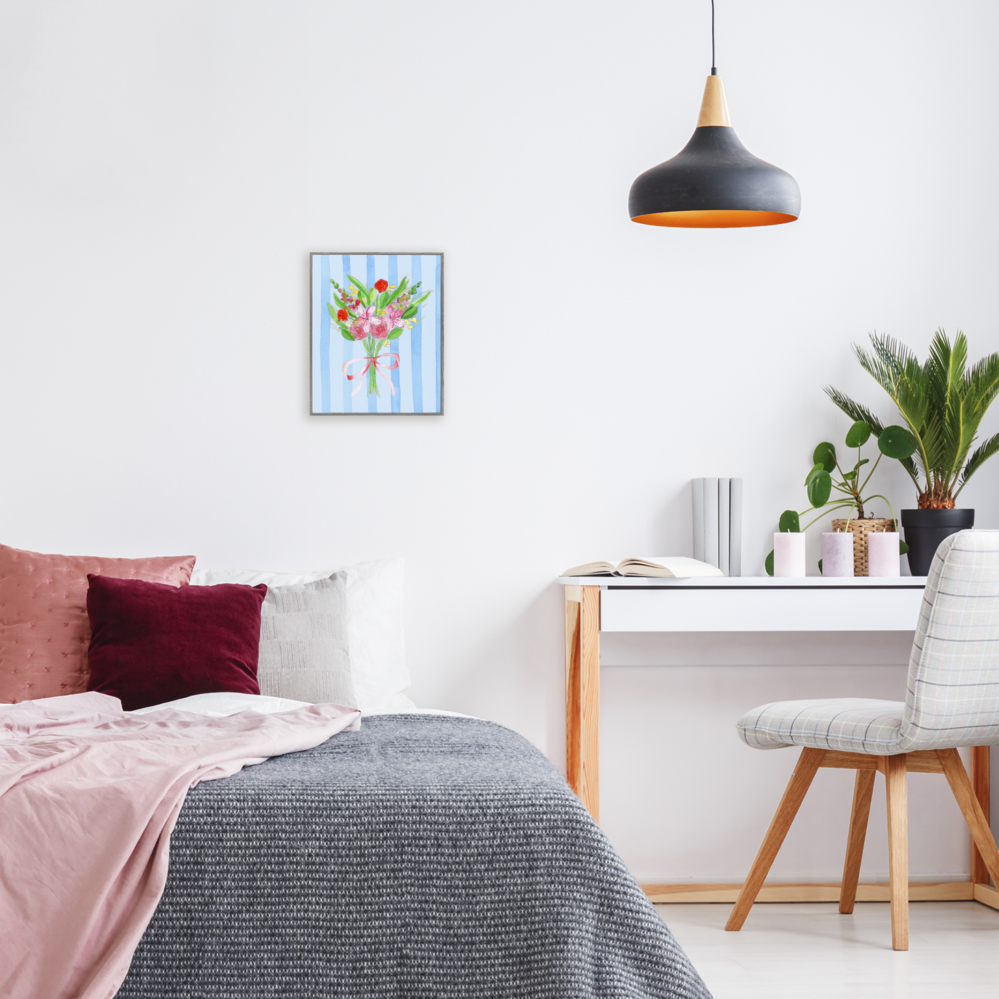 Bright Springy Bouquet Stripes Gray Framed Giclee Art, design by Nina Jacobs