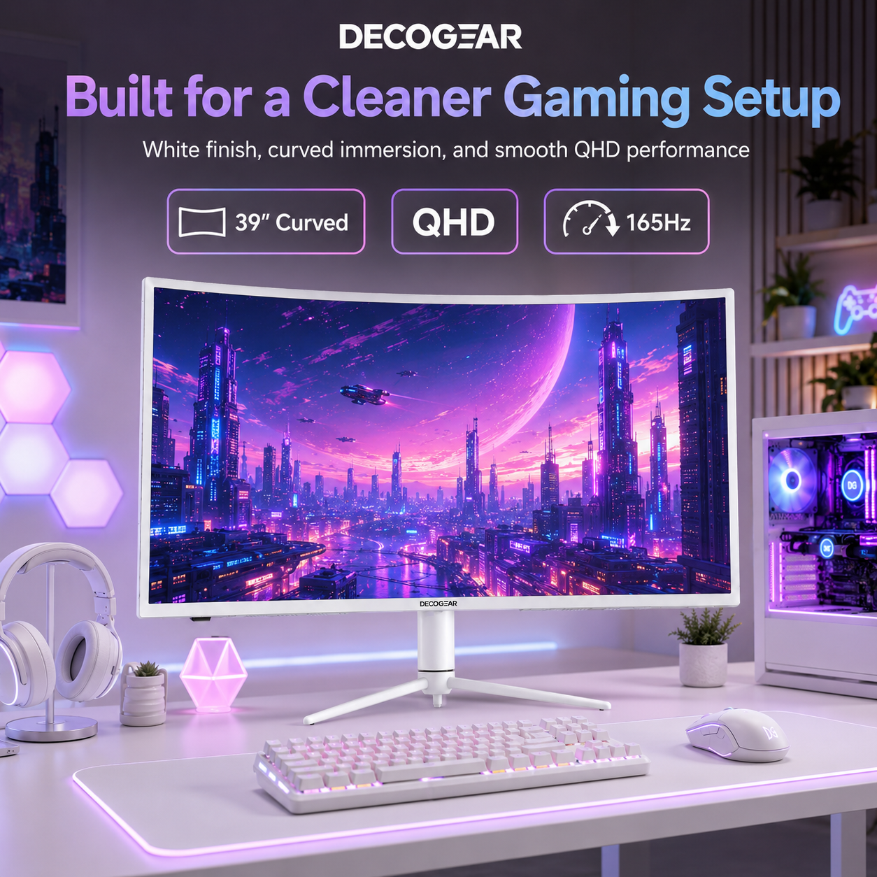 Deco Gear 39" Curved Widescreen Gaming Monitor, 2560×1440 QHD, 165Hz, 1ms MPRT, HDR, Adaptive Sync, 3000R Curve, HDMI, DisplayPort, Tilt Swivel Height Adjust, White