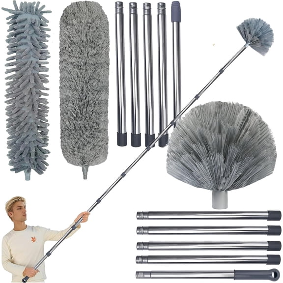20 Feet High Reach Duster Kit with 3-14 ft Extension Pole for Cleaning Fan, Spider Web, High Ceiling, Blinds, Furniture, Cars - Cobweb Microfiber Duster // Outdoor & Indoor Extendable Duster