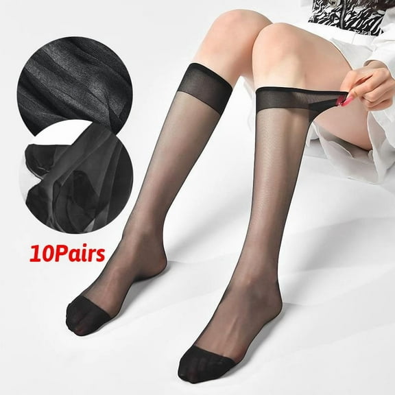 10 Pairs Knee High Pantyhose with Reinforced Toe - 20D Nylon Stockings Womens Socks, Hosiery for Women, Black