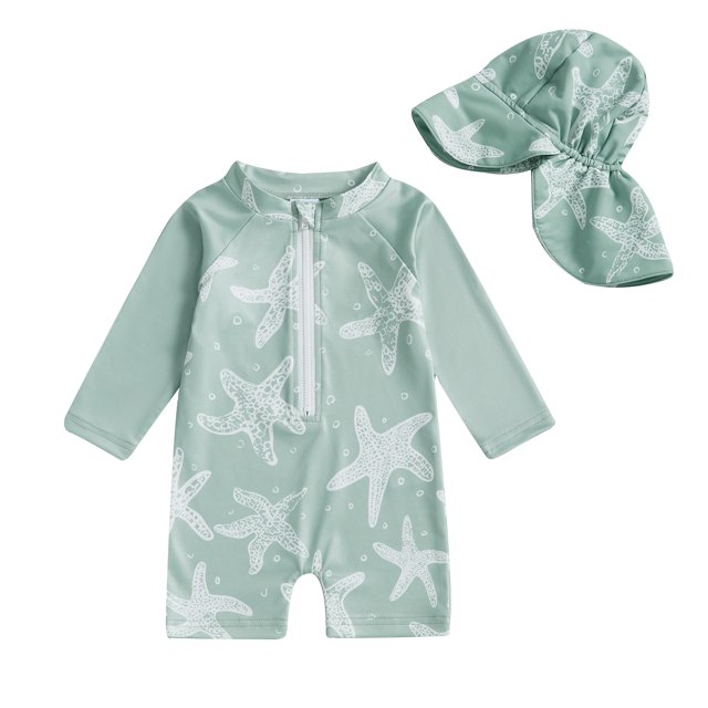 Traje de baño de verano para niños de 0 a 3 años, ropa de playa para chico, traje de baño para bebé con gorro de baño, traje de baño de una pieza con estampado de estrella de mar para niños
