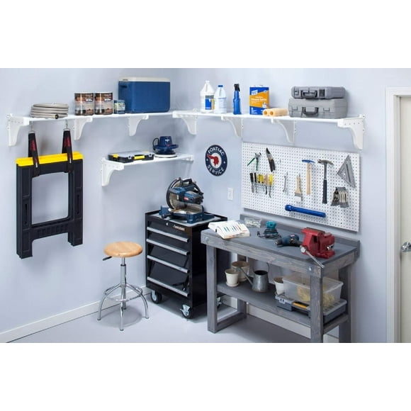 EZ Shelf-Expandable-Garage Shelf- -White- Easy to Install -Strong (up to 250 Lbs)- Wire Shelving Alternative –Wall Mounted Garage Shelf Organizer (White, 40.5"-225")