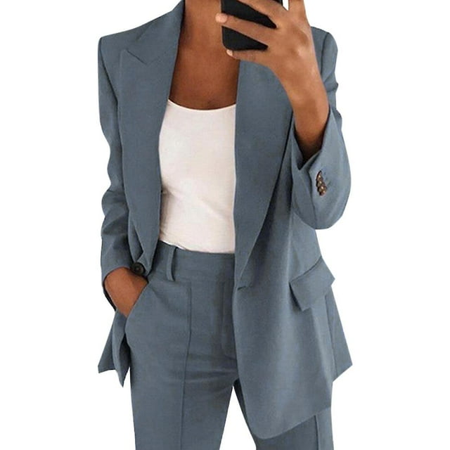 Women's 2 Piece Business Suit Set Lapel Single-breasted Polyester Suit Jacket With Straight Trousers