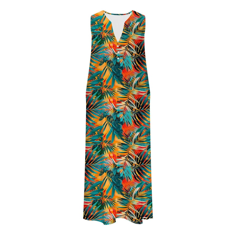 Women's Sleeveless V-Neck Long Dress With Pockets - Flowy Swing Printed Casual Summer Vacation Maxi Dress