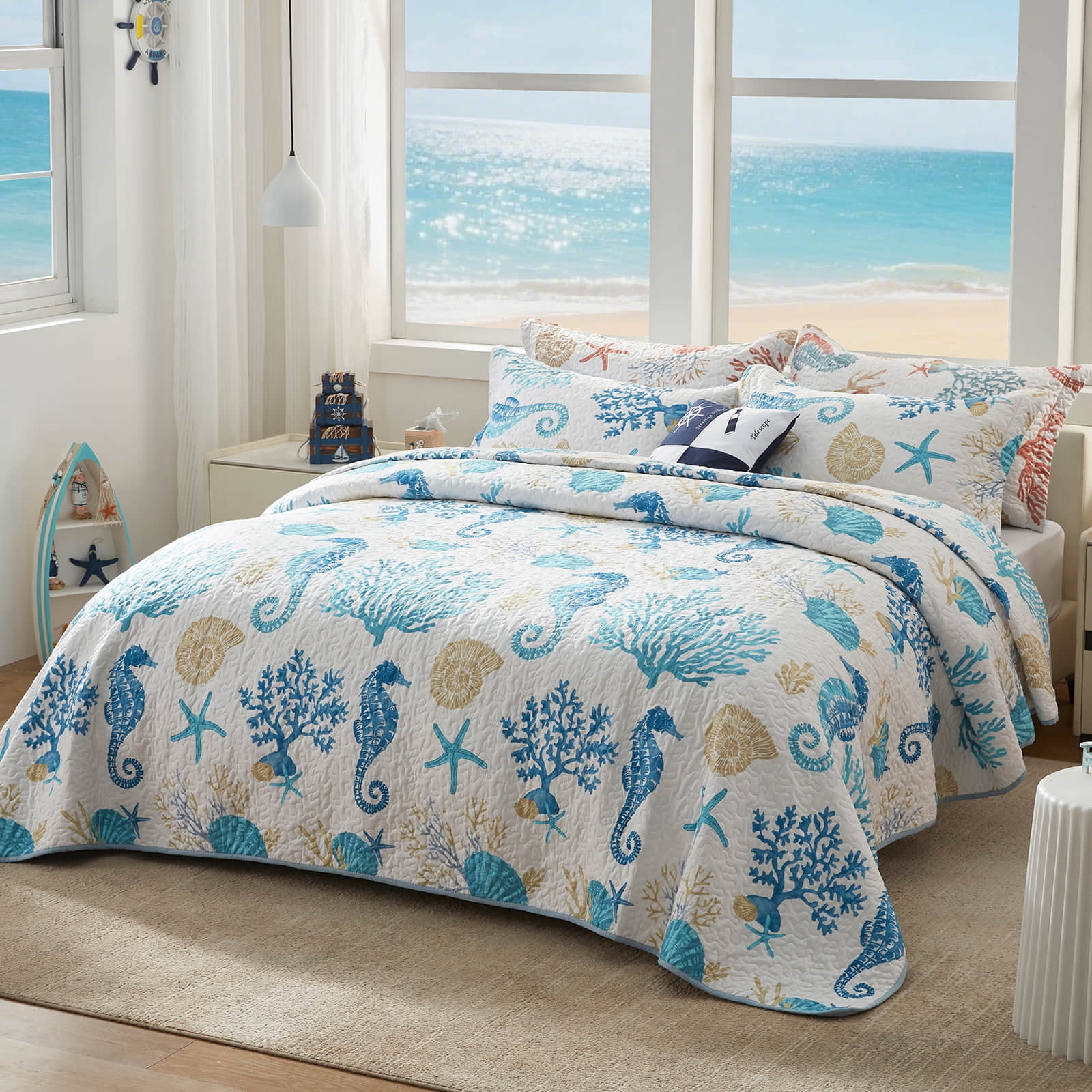 Coastal Quilt Set King Size - Lightweight Microfiber Reversible Bedspread, 98''x106'', Sky Blue, Includes 2 Shams
