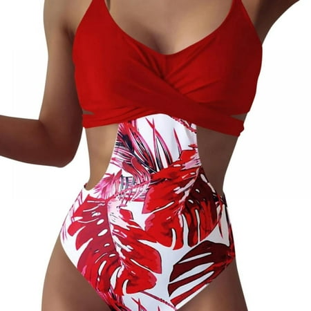 Women s Thong Waist Strap Cut-out One-piece Swimsuit Floral Bikini Set
