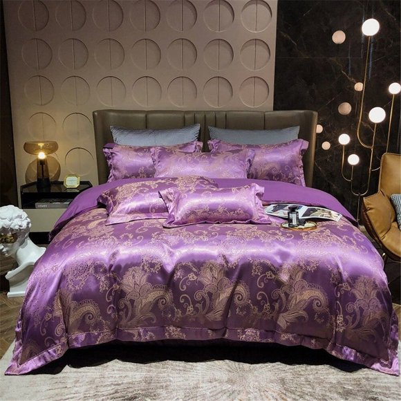 Lujo púrpura jacquard bordado funda nórdica juego de cama
