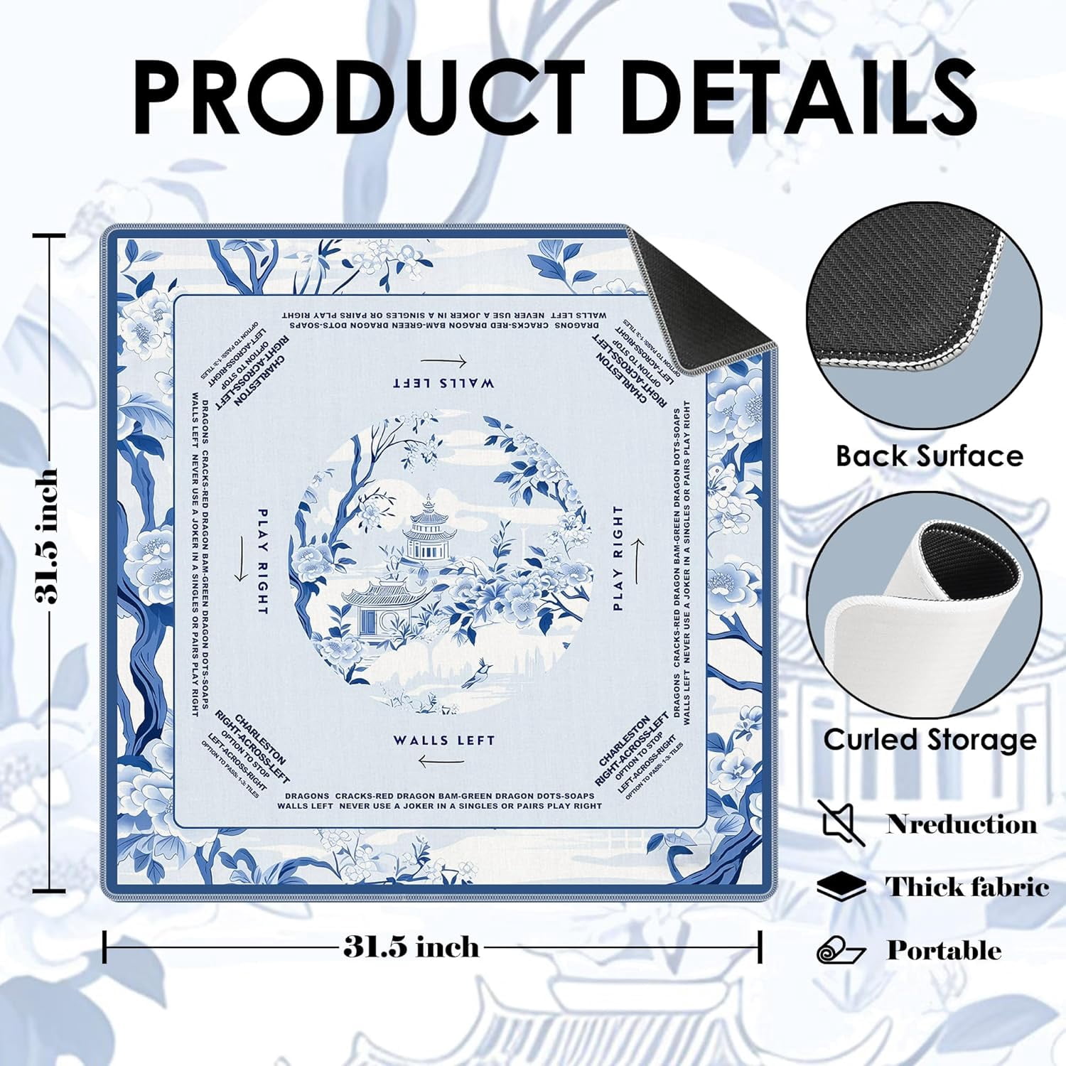 Blue Chinoiserie Pavilion Mahjong Mat with Rules for Table 31.5x31.5, Traditional Chinese Non-Slip Noise Reduction Mahjong Table Mat for Poker Board Games Card Games Dominoes, Chinoiserie Decor