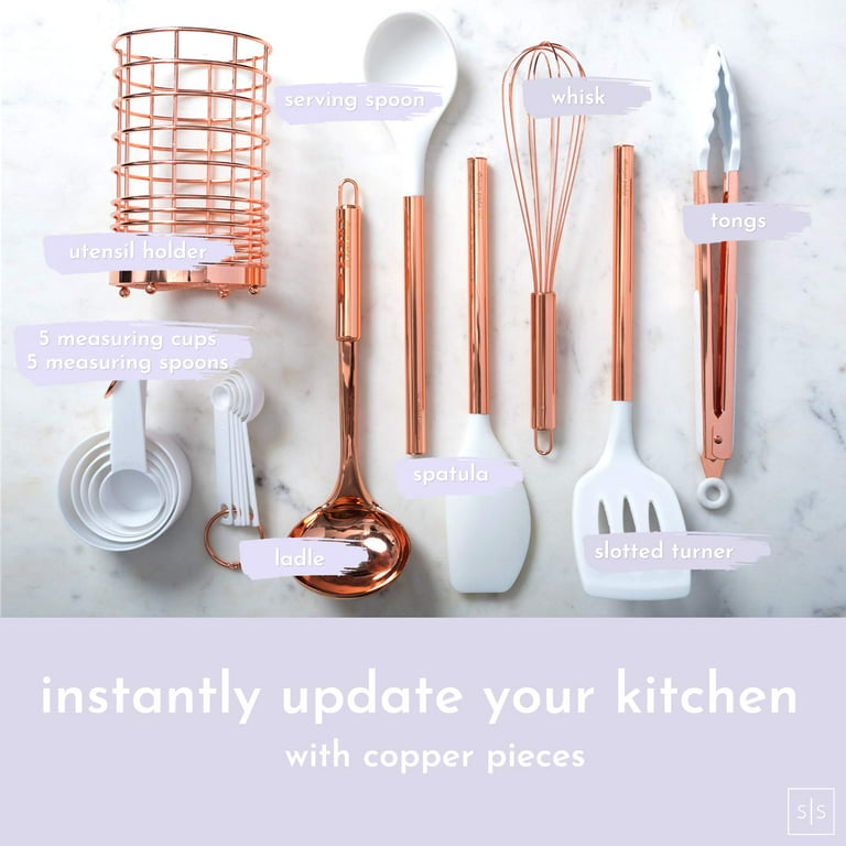 KITCHEN UTENSILS SET Silicone Holder Spoons Copper Blue 17 Pcs STYLED  SETTINGS