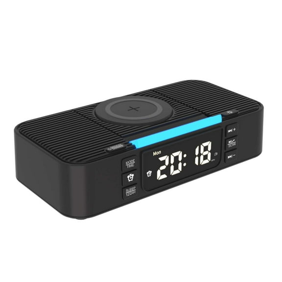 Bluetooth Speaker with Wireless Charger 10W Fast Charging, FM Radio Alarm Clock, Dual Bass, USB-C/USB Hub, LED Display, Snooze
