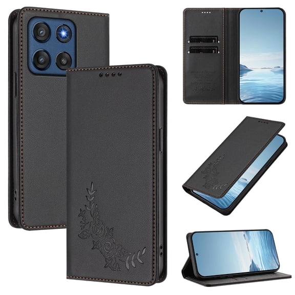 For Moto G Play (2026) Phone Case,Peony Embossing Design,Anti-Scratch PU Leather Flip Foilo Cover,With Card Holder,Kickstand,Shockproof Drop Protection,Durable Wallet Phone Case,Black