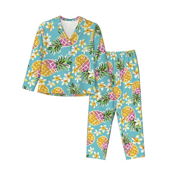 Fotbe Cute Pineapples Conjunto de Pijama de Manga Larga para Mujer con Estampado, Ropa de Dormir de 2 Piezas, Conjunto de Casa Suave y Cómodo con Bolsillos-Large