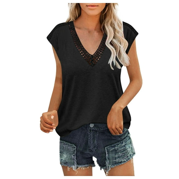 Wenini Shirts for Women Short Sleeve V-Neck Solid Summer Basic Tops Lace Trim Breathable Soft Loose Workout Tops Blouses Black L