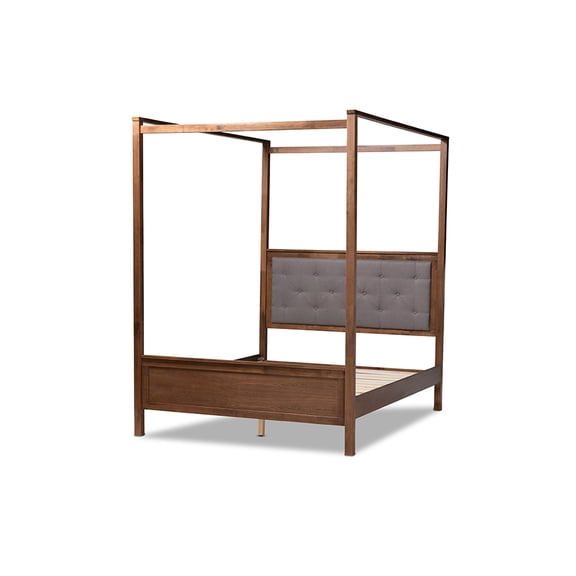 Baxton Studio Natasha King Size Grey Upholstered Walnut Finished Canopy Bed
