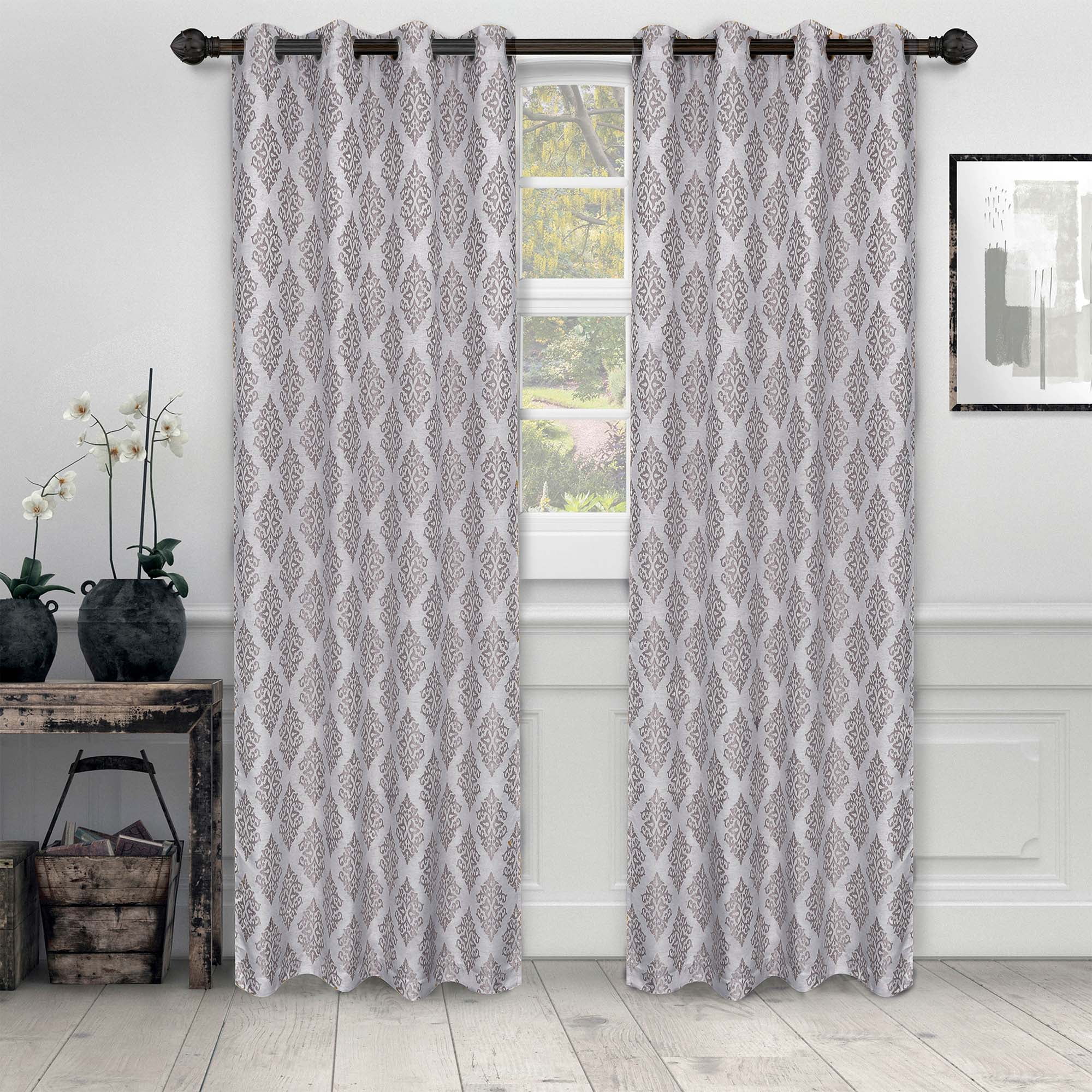Superior Venetian Damask Jacquard Grommet Curtain Panel, Set of 2, 52" x 84", Nickel