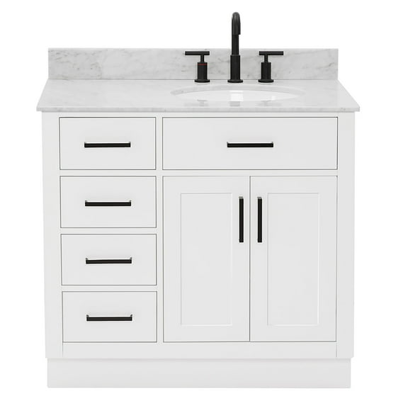 Ariel Hepburn 37 In. Right Offset Oval Sink Vanity With 0.75 In. Carrara White Countertop In White