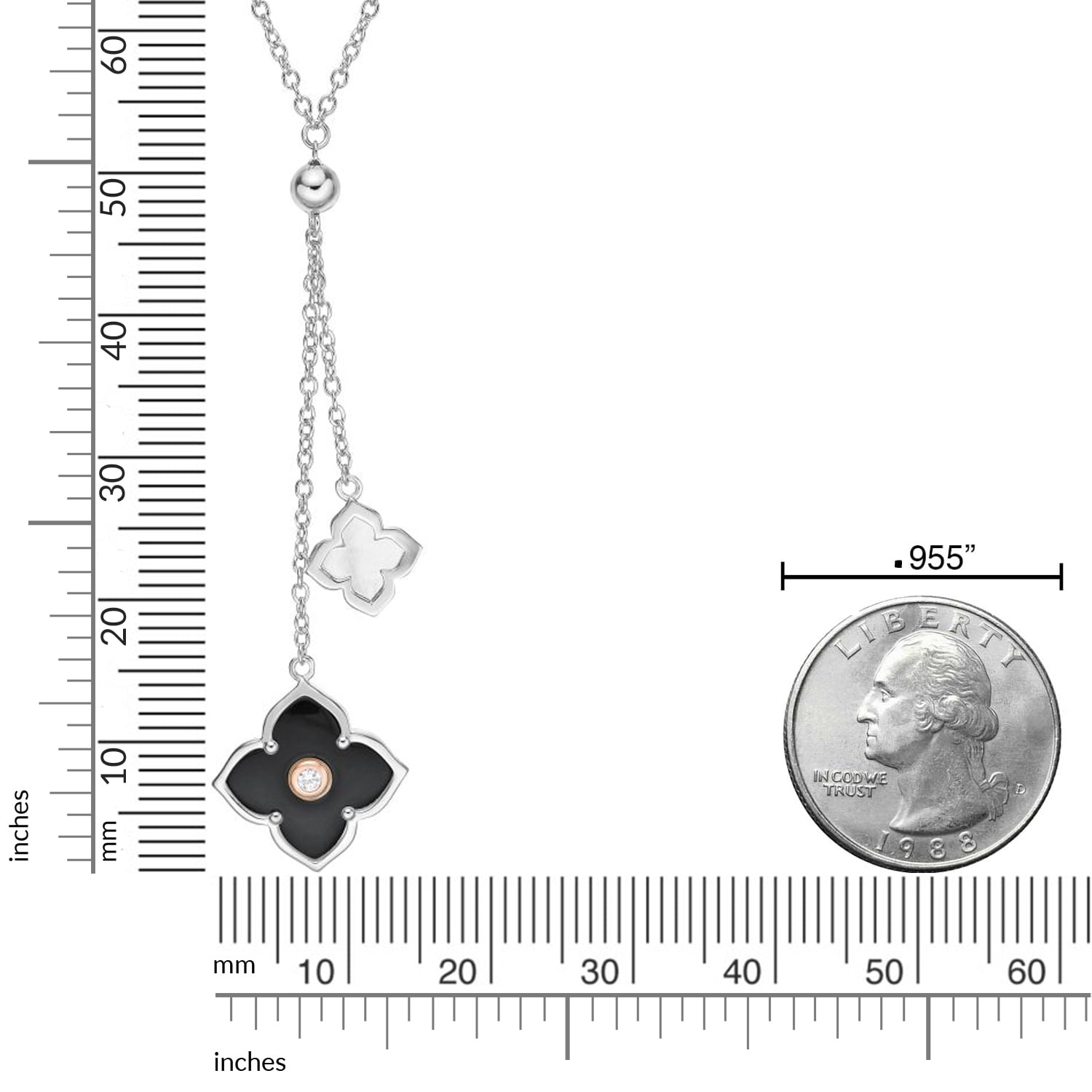 Lavari Jewelers Flora Women's Black Onyx Double Flower Pendant Necklace in 925 Sterling Silver with Cubic Zirconia - 16- 18 Inch Adjustable Cable Chain
