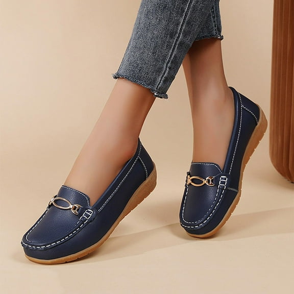 OWUUcdse Comfort Shoes for Women, Soft Sole Gift Slip-on Casual Flat Shoes Dark Blue Size 8.5