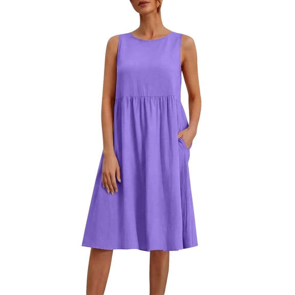 Efsteb Casual Dresses for Women Sleeveless Round Neck A-Line Midi Dress Solid Color Comfy Loose Dress with Side Pockets (Purple,XL)