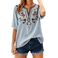 thumbnail image 2 of Summer Women Boho T-Shirts Floral V Neck Embroidered Tops Short Sleeve Loose Casual Flowy Trendy Shirts Sky Blue XL, 2 of 6