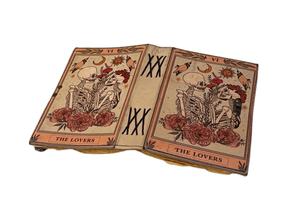 Handmade Leather Tarot Journal – 5x7 Inch Vintage Notebook with “The Lovers” Design, 200 Handmade Paper Pages, Antique Clasp