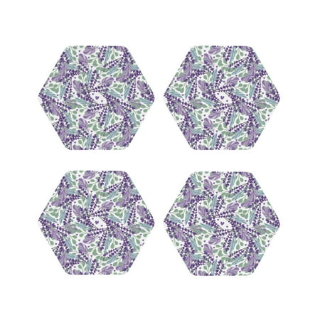 

Leather Coasters with Heat-resistant for Drinks Green Leaves Lavender Flowers -标题2 Hexagon