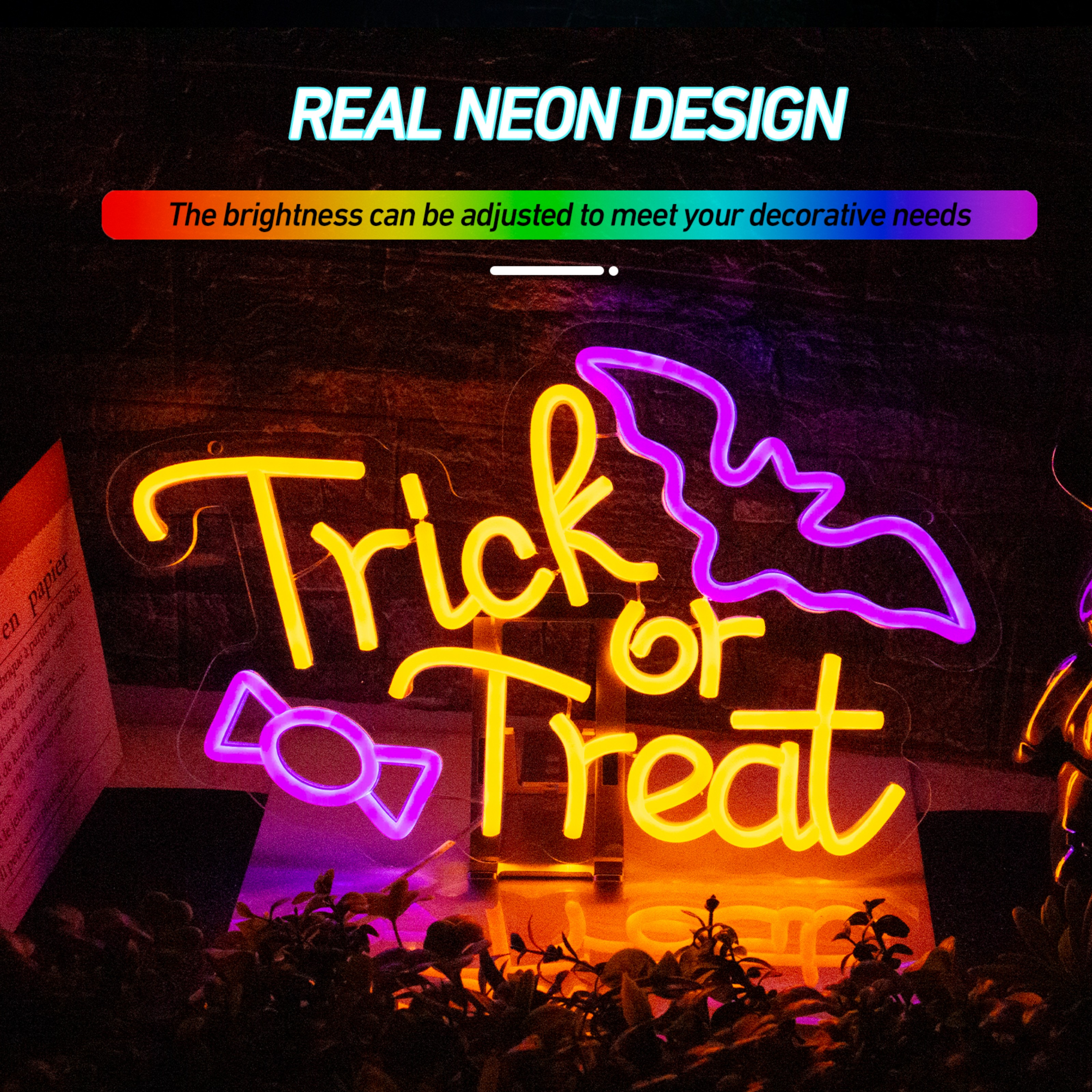 UPONRAY Trick or Treat Neon Signs, 15.3"*9.6" Dimmable & USB-Powered LED Neon Light, Stylish Wall Decor for Halloween Party, Home, Bar, Shop, Haunted House