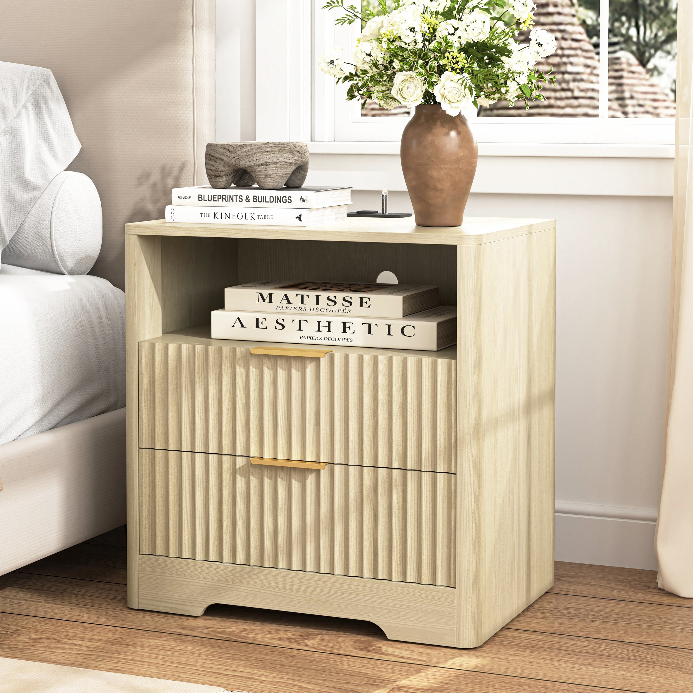 Nightstand with Charging Station, Smart Nightstand with Night Light,Bedside Tables with Storage Cabinet for Bedroom, Wood