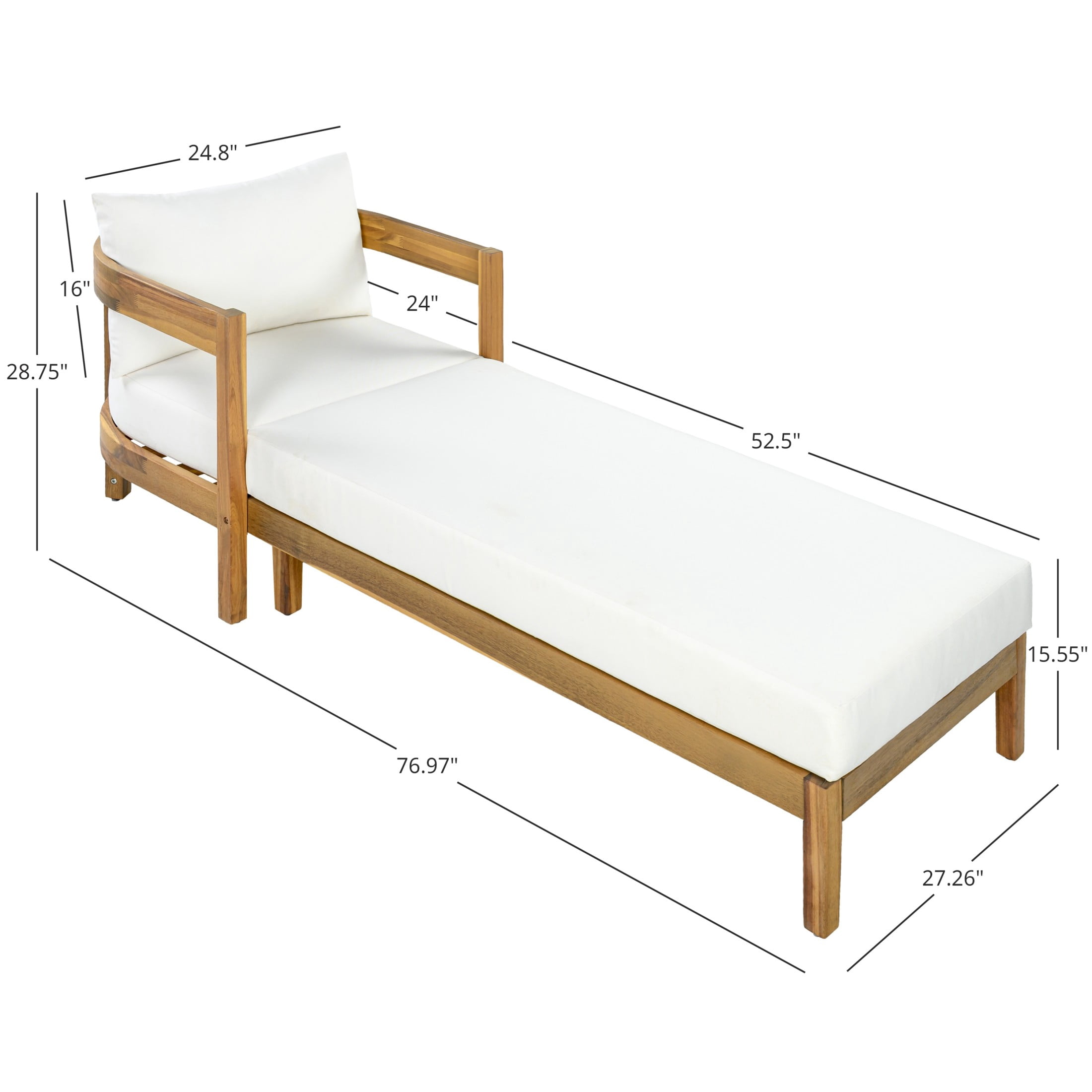 Christopher Knight Home 77" Acacia Wood Outdoor Chaise Lounge with Cushion, Curved Frame, Teak+Cream, Set of 2