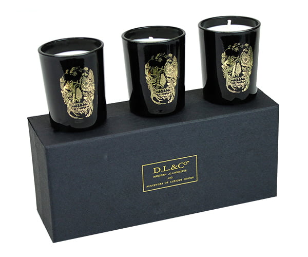 D.L Eros & Co Boxed 3 Piece Black W/ Crystal Skull Votive Candle Set 