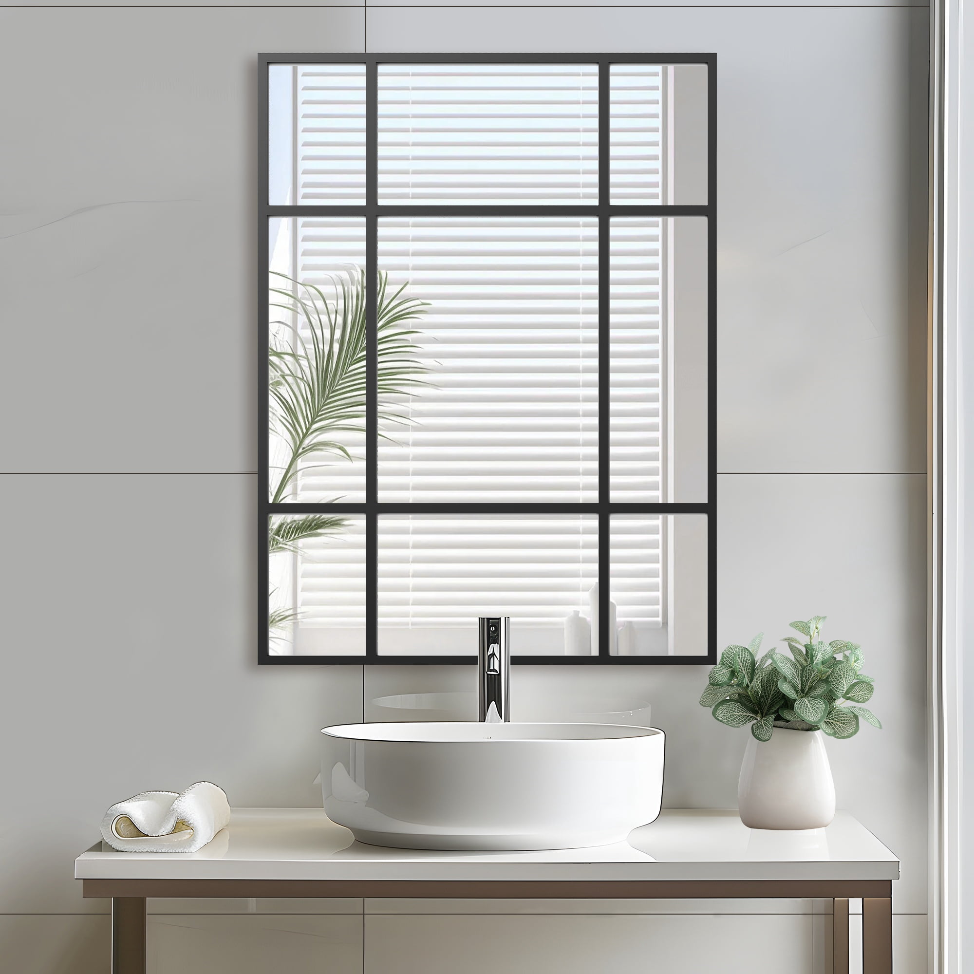 MAYEERTY 39×30in Metal Rectangular Black Windowpane Hanging Mirror for Living Room Wall Decor