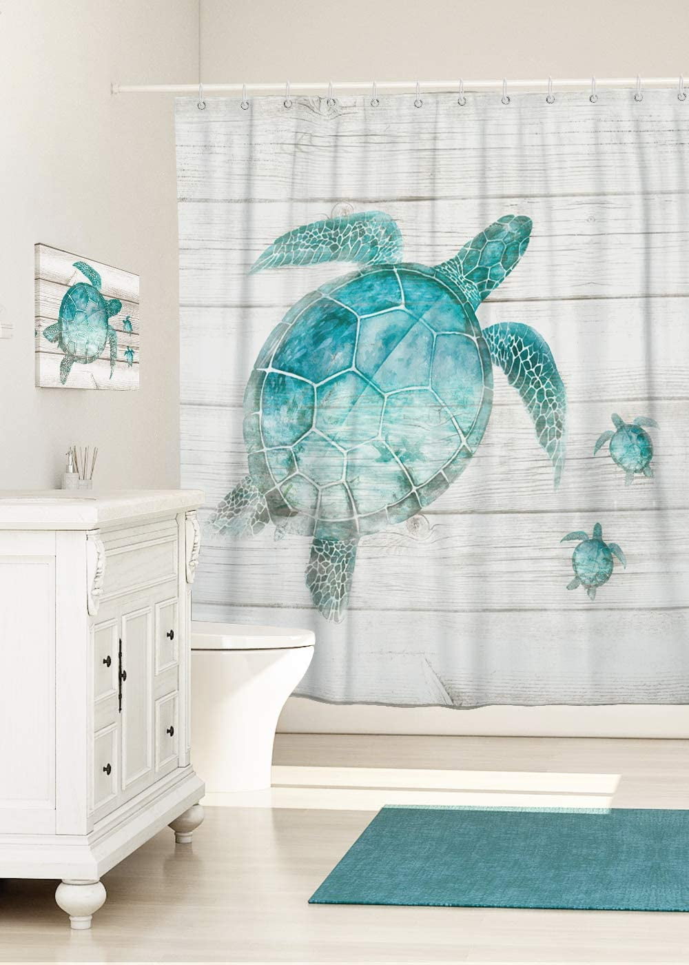 Blue Undersea Sea Turtle Waterproof Fabric Shower Curtain Set Bathroom Hooks 
