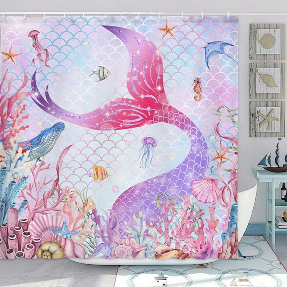 Mermaid Shower Curtain, Cute Pink Ocean Mermaid Tail Octopus Coral Fish Jellyfish Beach Shower Curtain Kids Girls Bathroom Set, Sea Underwater Coastal Shower Curtain with Hooks, 69X70IN